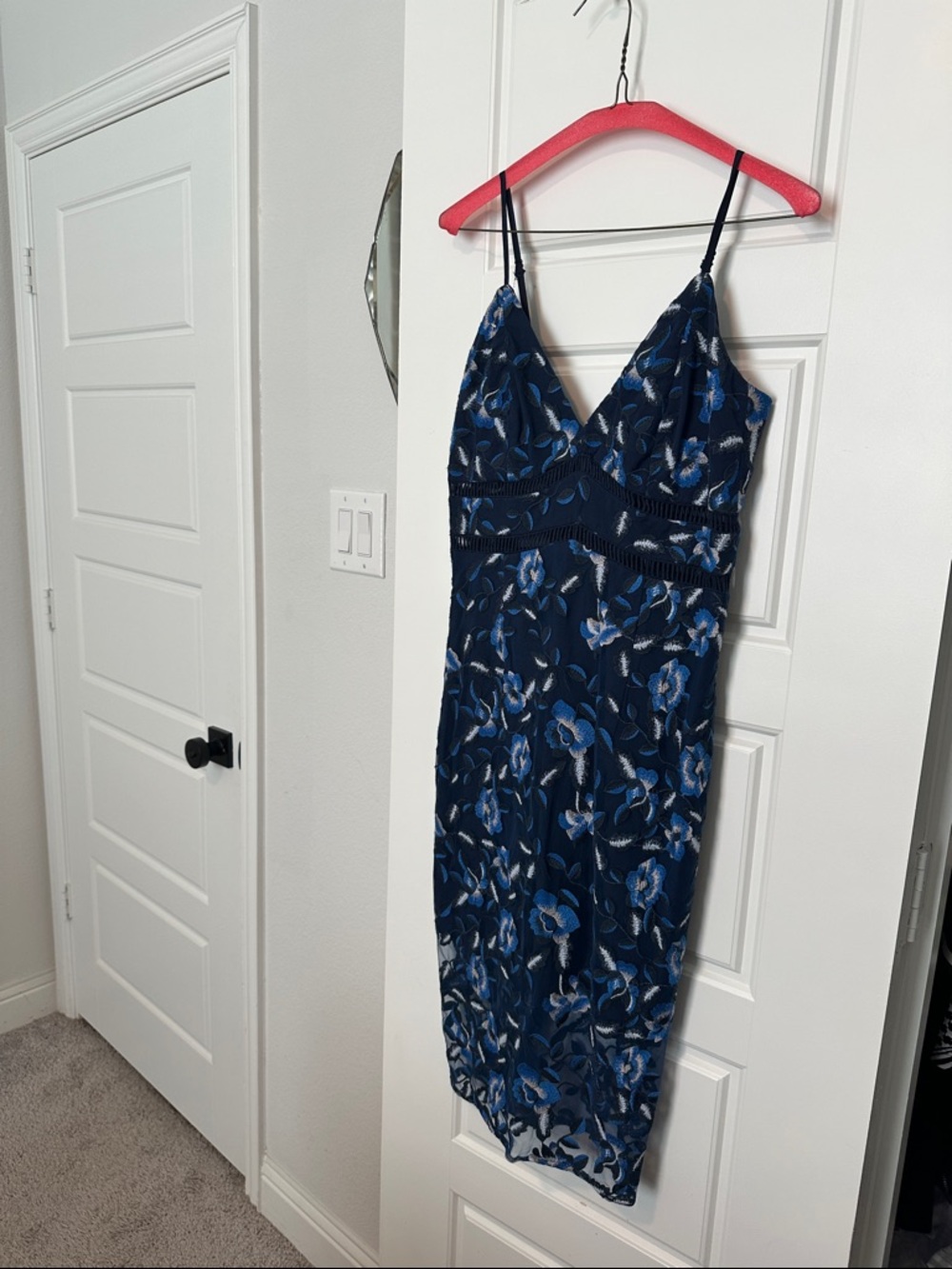 Bardot Navy Floral Midi Dress with Blue Embroidery